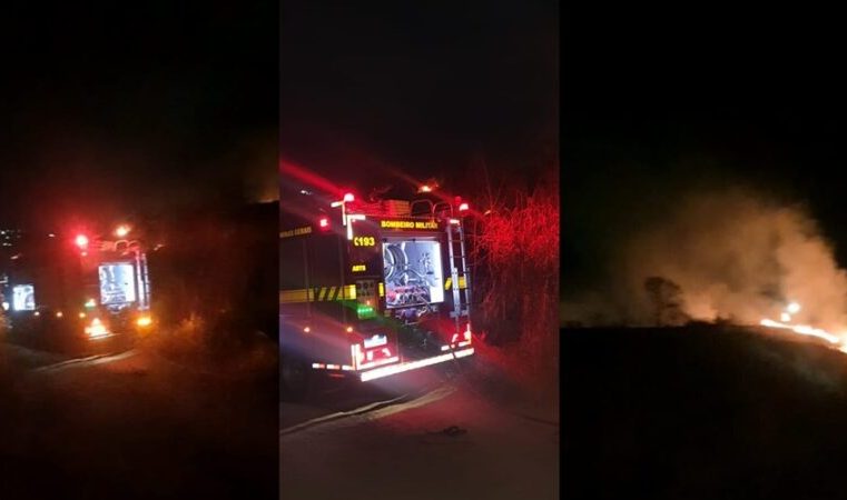 Bombeiros combatem fogo em mata na avenida Cristine Gazire, bairro Praia