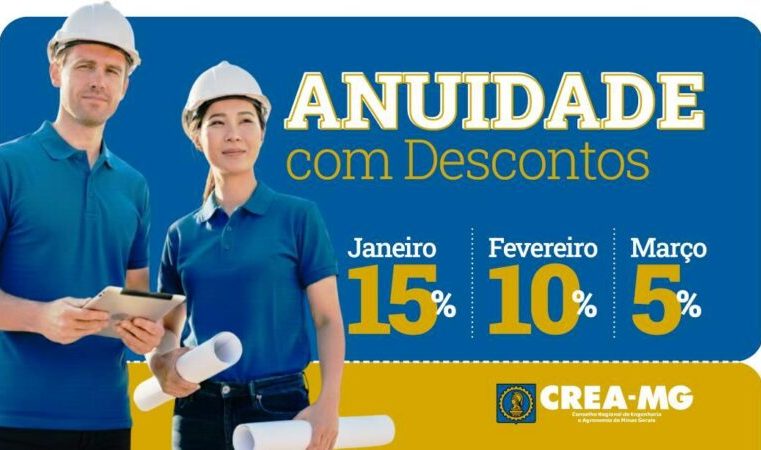 Crea-MG oferece redução na anuidade de 2026. Cota única com desconto de até 15%